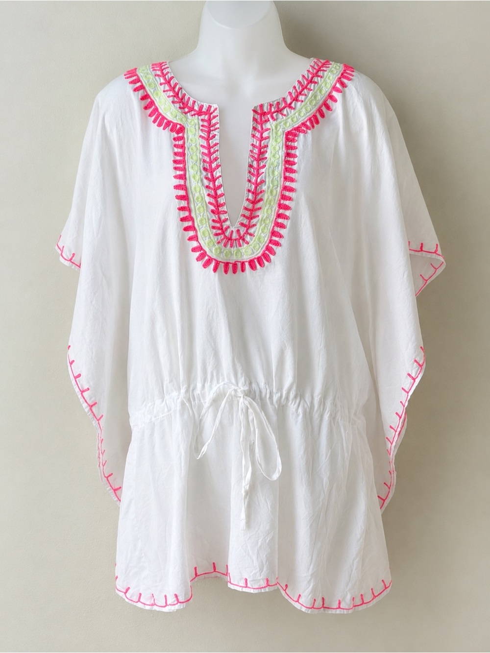 Debbie Katz White Embroidered Cotton Kaftan Tunic Cover Up Size S